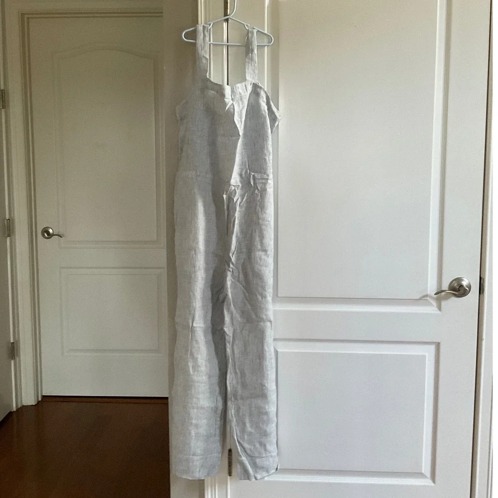 Quince Linen Square Neck Jumpsuit Blue White Stripe Small New With Tags